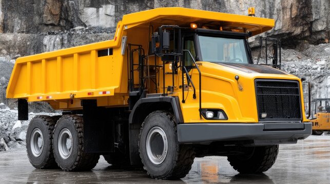 A powerful truck hauls materials in a challenging quarry setting under blue skies, surrounded by rocky terrain and steep hills