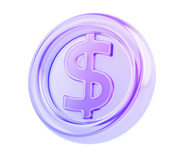 Glass hologram coin 3d render icon. Purple dollar or token chip for banking app, game or casino win. Financial money symbol, currency for web or ui design isolated on white background