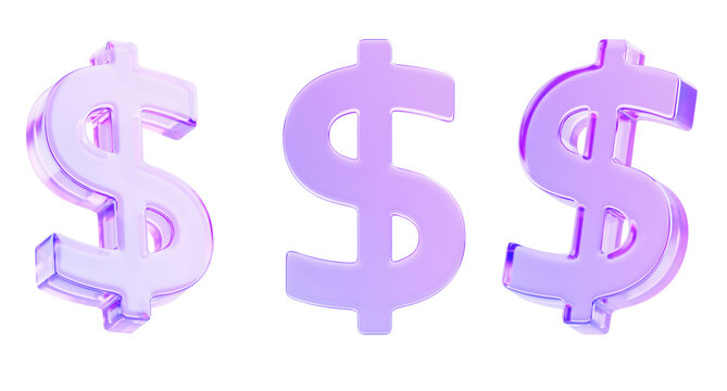 Glass holographic dollar sign in different angles. Render 3d set of American money symbols with purple gradient. USD currency, business finance, online casino app design elements