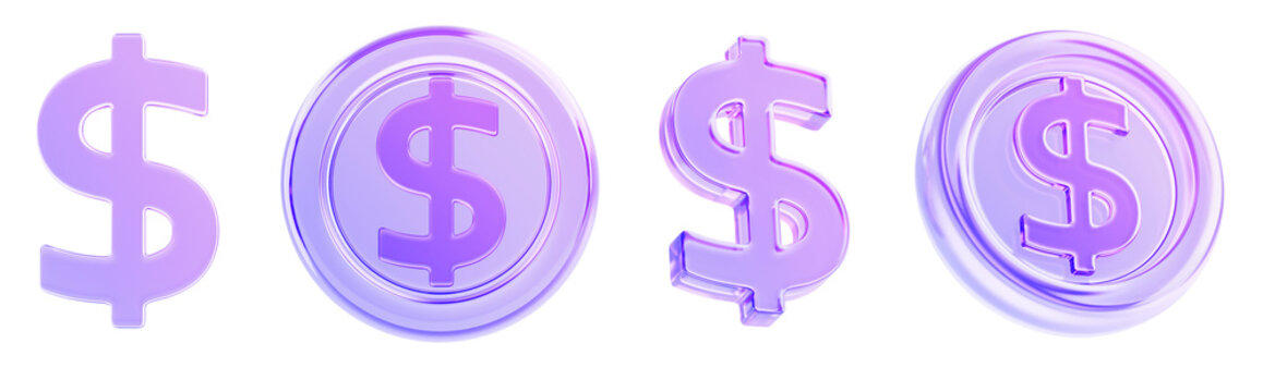 3d set of glass holographic dollar sign and crystal coin with currency symbol. Isolated financial money icons with purple gradient texture for banking banner or economic presentation
