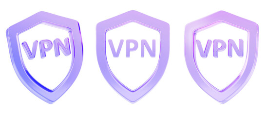 3d glass holographic VPN shield icon set. Virtual private network, data encryption, IP address and location, secure connection technology, anonymous access in internet, cyber security