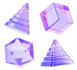 Plakat 3d set of glass holographic geometric shape - cone, cube, pyramid and polygon render icon. Abstract transparent figure with hologram gradient texture, isolated crystal glossy object