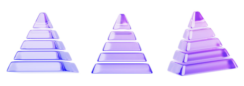 Glass holographic infographic pyramid 3d render icon set. Gradient five level triangle, information data hierarchy, chart or diagram for business presentation, marketing or financial