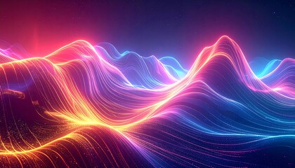 Abstract image of luminous, undulating lines resembling a landscape. The lines flow with vibrant colors red, pink, and blue. A dark, starry background