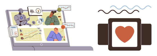 Laptop screen displaying virtual health consultations and AI-generated data. Wearable device with heart rate indication. Ideal for health monitoring, telemedicine, AI innovation, wellness, fitness