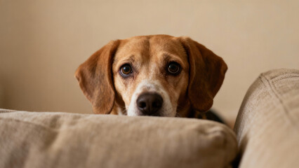 A beagle rests its head on a soft couch, gazing curiously as the afternoon light fills the cozy living room. The warm tones add to the comforting atmosphere of home