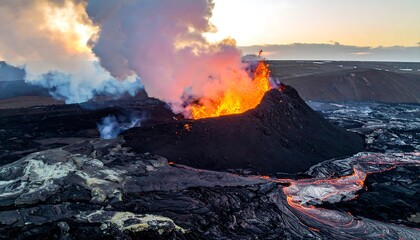 An erupting volcano spews lava and smoke into the atmosphere during a sunset. The ground around is black rock with flowing rivers of molten rock