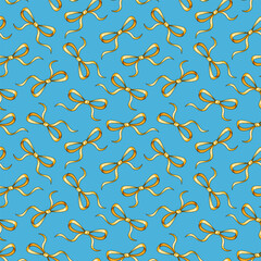 Whimsical Seamless Vector Pattern: Golden Orange Ribbon Bows Adorning Vibrant Sky Blue Background for Joyful Gift Wrap and Festive Designs