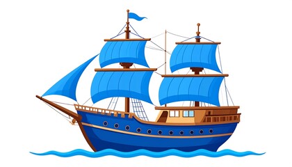 An animated illustration of a sailing ship with blue sails and a dark blue hull, traveling over blue waves