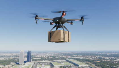 A drone hovers in the sky, carrying a large cardboard box. Below, a bustling cityscape stretches out, showcasing modern buildings and a bright blue sky