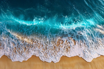 Aerial view of dynamic ocean waves crashing onto sandy beach