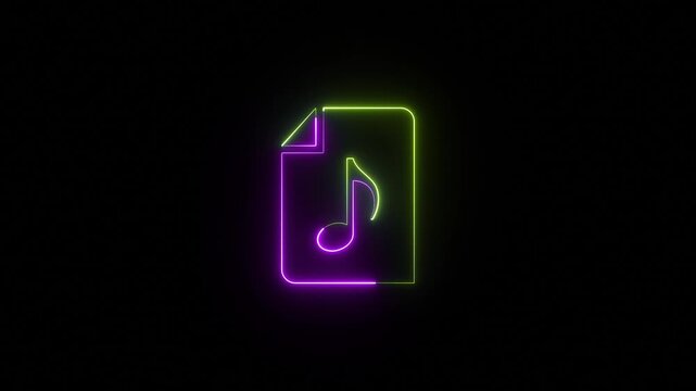 Neon music icon in a file animation on black background.