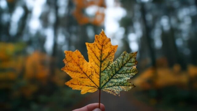 A hand holds a halved maple leaf, one side green, the other yellow, with blurred forest background