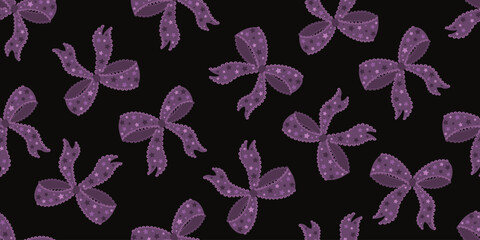 Coquette lace ribbon bow seamless pattern vector illustration. Cute repeated romantic vintage mystic ornament. Design for textile, fabric, wrapper, packaging, background.