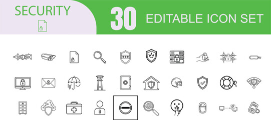 Collection of thirty editable line art icons representing security and protection concepts