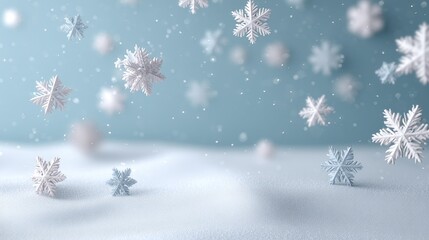 Delicate snowflakes drift down on a soft white surface, accented by decorative pine cones and a cozy, warm glow in the backdrop