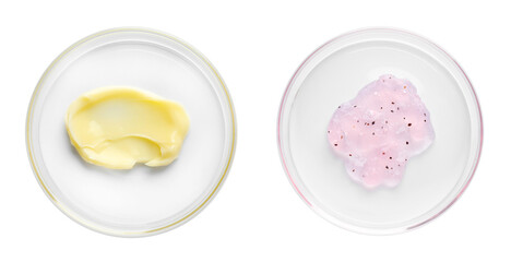 Petri dishes with cosmetic products on white background, top view