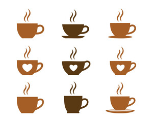 Obraz premium Collection of hot coffee cups with steam and heart designs various styles for beverage enjoyment vector
