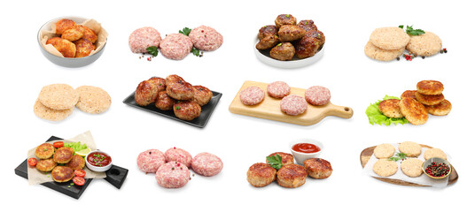 Uncooked and roasted patties isolated on white, collage