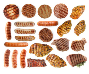 Grilled meat and sausages isolated on white, set