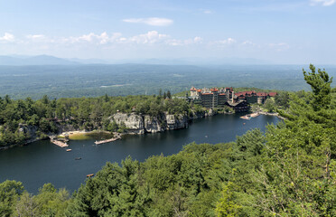 scenic landscape view in mohonk preserve with mountain vista hotel house shawangunk mountains lake (hike hiking trail gunks) famous tourist destination summer hudson valley new york paltz upstate