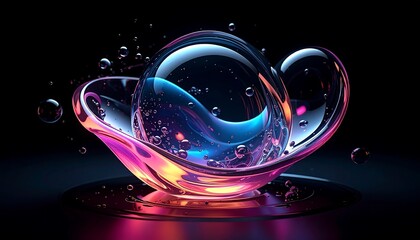 Abstract composition features a central sphere cradled by a translucent, petal-like structure. Vibrant, iridescent colors create depth