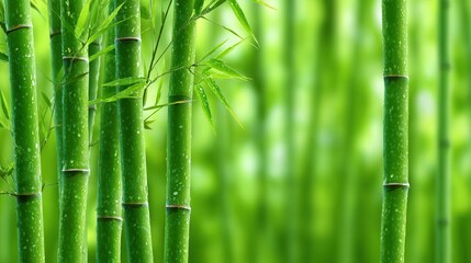 Fototapeta premium Lush Bamboo Forest Close Up with Water Droplets and Green Background Nature Photography