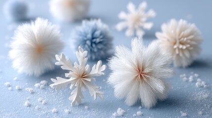 Obraz premium Delicate white blooms gently scatter across a light blue backdrop, evoking a sense of tranquility and calmness in the space