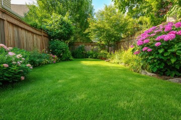 Serene Backyard Garden with Lush Green Lawn and Vibrant Pink Hydrangeas in Full Bloom on a Sunny Day