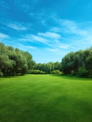 Obraz premium Lush green field under a vibrant blue sky with wispy clouds in a serene landscape setting on a sunny day