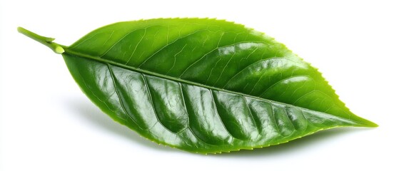 Obraz premium Single Tea Leaf Close Up Studio Shot on White Background Showing Veins and Texture for Health and Wellness Concepts