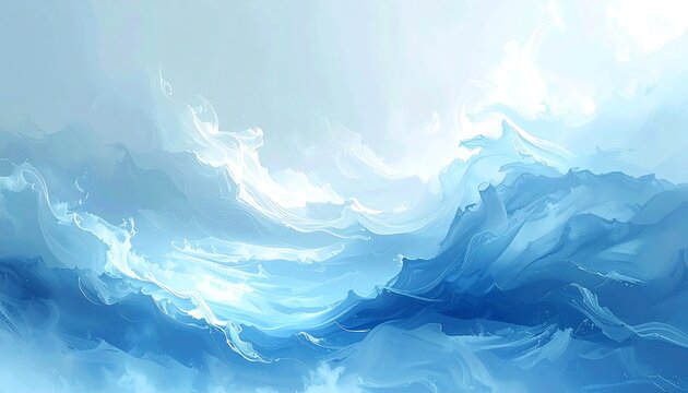 An ethereal, abstract depiction of water. Swirling blues and whites capture the movement and fluidity of the ocean's surface, with a dreamy feel