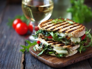 Close up of delicious grilled panini sandwich with cheese and arugula on wooden board studio shot