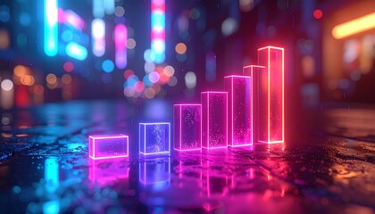 Neon Growth - Illuminated Bar Chart in a Futuristic Cityscape.