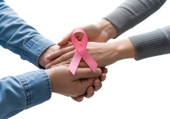 Three hands support pink ribbon for breast cancer awareness campaign on transparent background