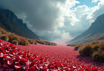 Storm Made of Flower Petals Sweeping Across a Valley