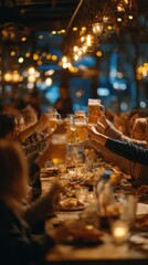 Festive gathering of friends toasting with beer mugs at a long table in a warm restaurant setting with soft lighting