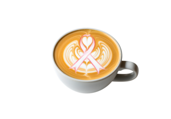 Latte art featuring a pink ribbon in a white mug against a transparent background for awareness campaign