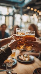 Close Up of People Toasting Beer Glasses at a Restaurant Table Celebrating Friendship and Good Times in a Bright and Airy Space