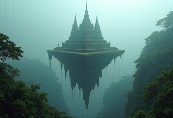 Ancient Temple Floating Above a Foggy Jungle