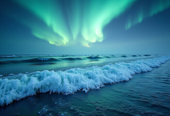 Ocean Frozen Mid-Wave Reflecting Aurora Sky