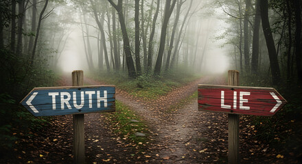 Directional signs pointing to truth and lie on a diverging path in a misty forest scene