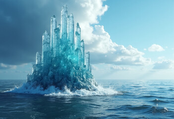 Crystal Tower Rising from the Ocean: Photorealistic Fantasy Realism Landscape