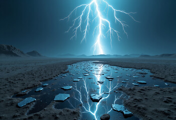 Desert of Shattered Mirrors Reflecting Lightning: Photorealistic Surreal Landscape