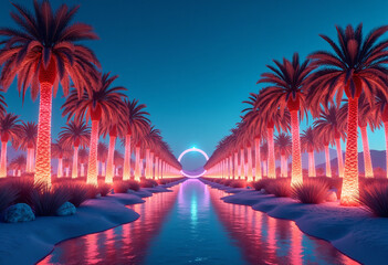 Desert Oasis with Glowing Crystal Palm Trees: Ultra-Realistic Surrealism Sci-Fi