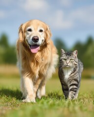 Golden Retriever dog and tabby cat walking together on green grass lawn in summer sunshine, eye level view, friendship