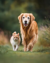 Obraz premium Golden Retriever and Cat Walking Together on Green Grass Front View Close Up Friendship Companionship Outdoors