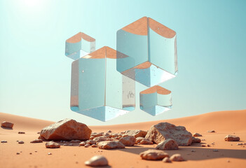 Desert with Floating Glass Cubes Instead of Rocks