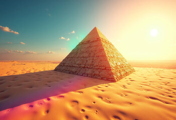 Floating Pyramid Casting Rainbow Shadows on a Desert Floor