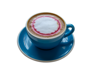 Frothy cappuccino with pink circle design sitting on a matching blue saucer on transparent background